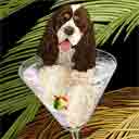 chocolate and white american cocker spaniel parti-color variety dog art and martini dogs, american cocker spaniel dog pop art prints, dog paintings, dog portraits and martini pet portraits in colorful original american cocker spaniel dog art and fine art dog prints by artists Jane Billman and Gregg Billman