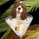 red and white american cocker spaniel parti-color variety dog art and martini dogs, american cocker spaniel dog pop art prints, dog paintings, dog portraits and martini pet portraits in colorful original american cocker spaniel dog art and fine art dog prints by artists Jane Billman and Gregg Billman