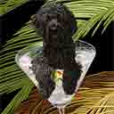 black goldendoodle dog art and martini dogs, black goldendoodle dog pop art, dog paintings, party dogs and martini pet portraits in colorful original black goldendoodle dog art and fine art dog prints by artists Jane Billman and Gregg Billman