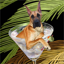 great dane dog art and martini dogs, great dane dog pop art, dog paintings, party dogs and martini pet portraits in colorful original great dane dog art and fine art dog prints by artists Jane Billman and Gregg Billman