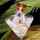 tan and white jack russell dog art and martini dogs, jack russell dog pop art, dog paintings, party dogs and martini pet portraits in colorful original jack russell dog art and fine art dog prints by artists Jane Billman and Gregg Billman