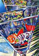 tropical soiree party fish art and martini fish, party fish pop art, fish paintings, party fish and martini fish portraits in colorful original party fish art and fine art fish prints by artists Jane Billman and Gregg Billman