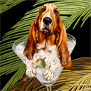 basset hound dog art and martini dogs, basset hound dog pop art prints, dog paintings, dog portraits and martini pet prints in colorful original basset hound dog art and fine art dog prints by artists Jane Billman and Gregg Billman