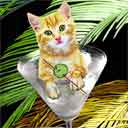 tabby yellow cat art and martini cats, tabby yellow cat pop art, cat paintings, party cats and martini pet portraits in colorful original tabby yellow cat art and fine art cat prints by artist Jane Billman and Gregg Billman
