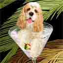 buff and white american cocker spaniel parti-color variety dog art and martini dogs, american cocker spaniel dog pop art prints, dog paintings, dog portraits and martini pet portraits in colorful original american cocker spaniel dog art and fine art dog prints by artists Jane Billman and Gregg Billman