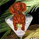 red adult dachshund dog art and martini dogs, red adult dachshund dog pop art prints, dog paintings, dog portraits and martini pet portraits in colorful original red adult dachshund dog art and fine art dog prints by artists Jane Billman and Gregg Billman