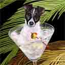 black and white jack russell dog art and martini dogs, jack russell dog pop art, dog paintings, party dogs and martini pet portraits in colorful original jack russell dog art and fine art dog prints by artists Jane Billman and Gregg Billman