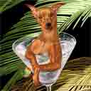 red miniature pinscher dog art and martini dogs, miniature pinscher dog pop art, dog paintings, party dogs and martini pet portraits in colorful original miniature pinscher dog art and fine art dog prints by artist Jane Billman and Gregg Billman