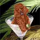 red poodle dog art and martini dogs, red poodle dog pop art, dog paintings, party dogs and martini pet portraits in colorful original red poodle dog art and fine art poodle dog prints by artists Jane Billman and Gregg Billman