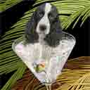 black and white springer spaniel dog art and martini dogs, springer spaniel dog pop art prints, dog paintings, dog portraits and martini pet portraits in colorful original springer spaniel dog art and fine art dog prints by artists Jane Billman and Gregg Billman