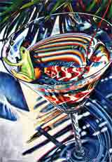 tropical party blue frogs art and martini frogs, party frogs pop art, frog paintings, party frogs and martini frog portraits in colorful original party frogs art and fine art frog prints by artists Jane Billman and Gregg Billman