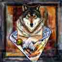 wolf blue eye and brown eye dog art and martini dogs, wolf blue eye and brown eye dog pop art, dog paintings, party dogs and martini pet portraits in colorful original wolf blue eye and brown eye dog art and fine art wolf dog prints by artist Jane Billman and Gregg Billman